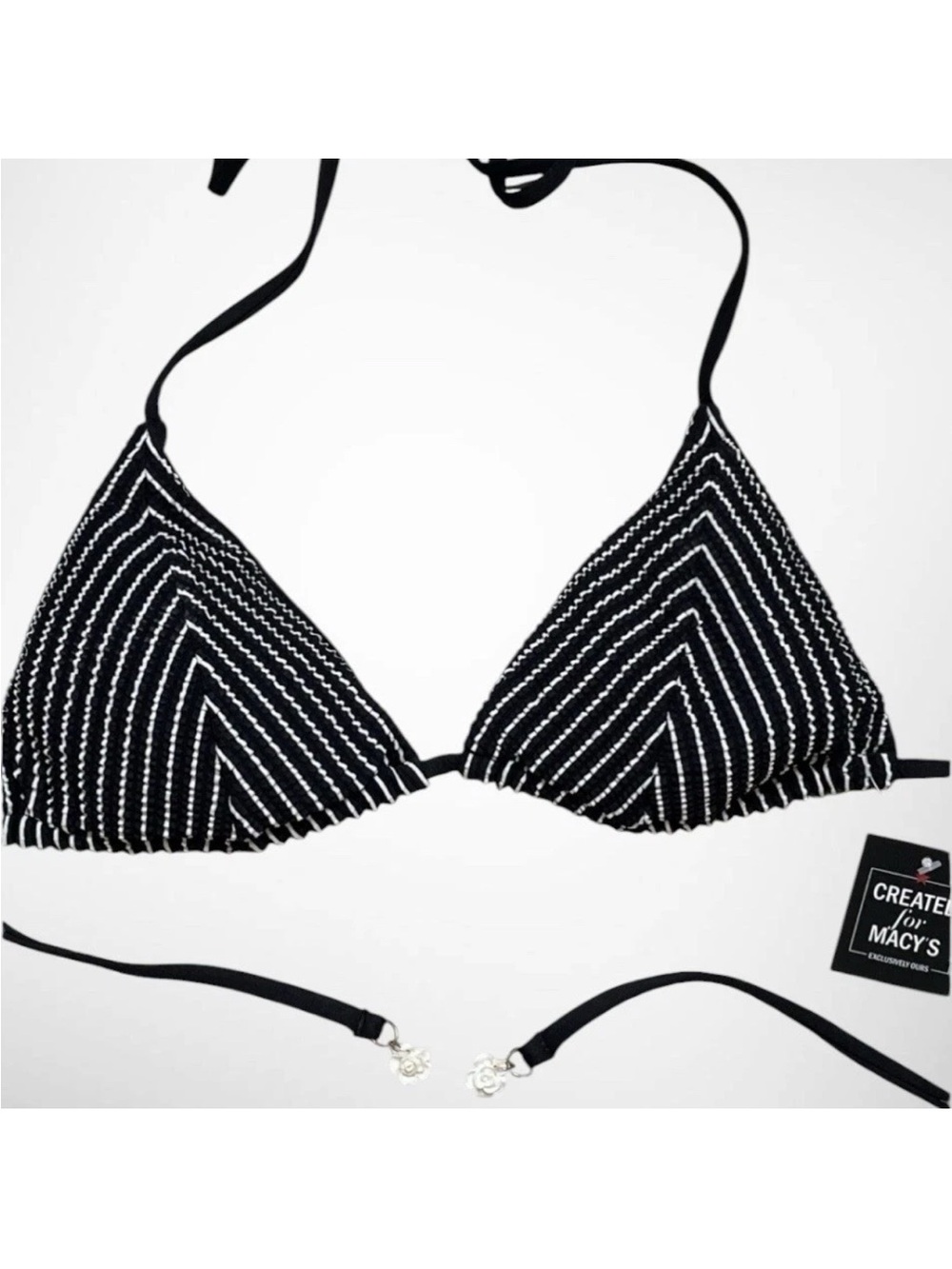 Isabella Rose Triangle Bikini Top Swim Top Black White Stripe Textured NWT M